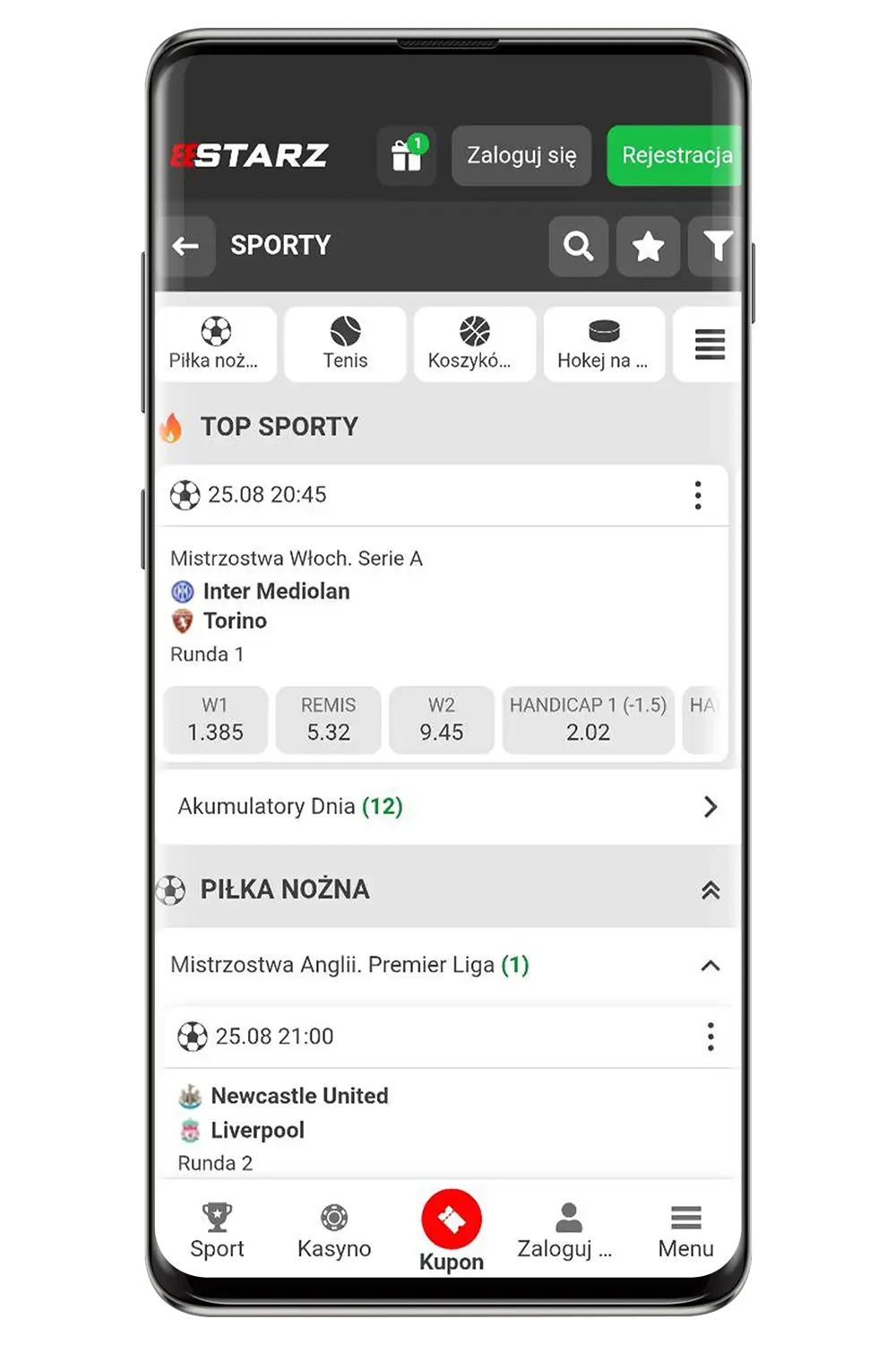 Interfejs bukmachera 888starz na urządzeniu mobilnym