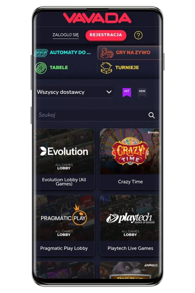 Zrzuty ekranu z oficjalnej strony internetowej kasyna Vavada